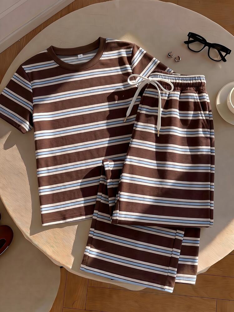 Muvela Women's Striped Round Neck Short Sleeve T-Shirt And Long Pants Casual 2 Pieces Set - Multicolor - View 4