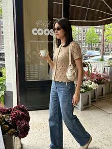 Cévolie Casual Solid Color Short Sleeve Hollow Knit Top - Khaki - View 2