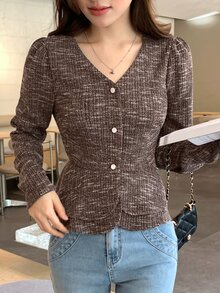 DAZY Kaos Wanita Model Korea Elegan dengan Kerah V dan Hiasan Ruffle untuk Musim Semi/Panas/Musim Gugur - Grey - View 5