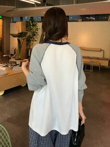 DAZY Women's Round Neck Long Sleeve Color Block Korean Style Girly Aesthetic T-Shirt Oversized Tshirts For Women Fall - Grey - View 7