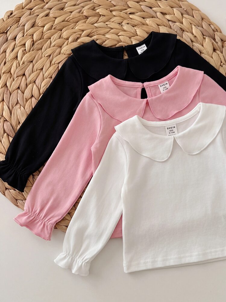 SHEIN Babygirl Casual Versatile Knitted Peter Pan Collar Solid Color Long Sleeve Top 3pcs Set - Pink - View 4