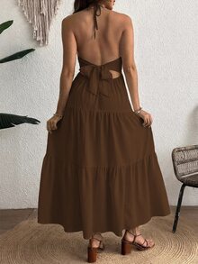 Cheriluna Maternity Comfortable Halter Backless Maternity Dress - Rust Brown - View 2