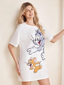 TOM & JERRY X SHEIN Women's Cartoon Print Short Sleeve Nightgown - Apricot - View 4