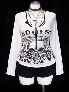 Sunspun Plus Size Subculture Vintage Skull Slim Fit Long Sleeve T-Shirt Fall - White - View 5