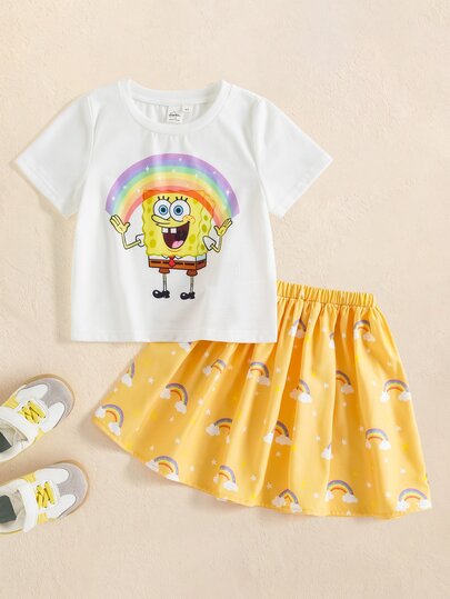 SpongeBob SquarePants | SHEIN ชุดลำลองประจำวันสำหรับเด็กผู้หญิง เสื้อยืดแขนสั้นพิมพ์ลายการ์ตูนและกระโปรง