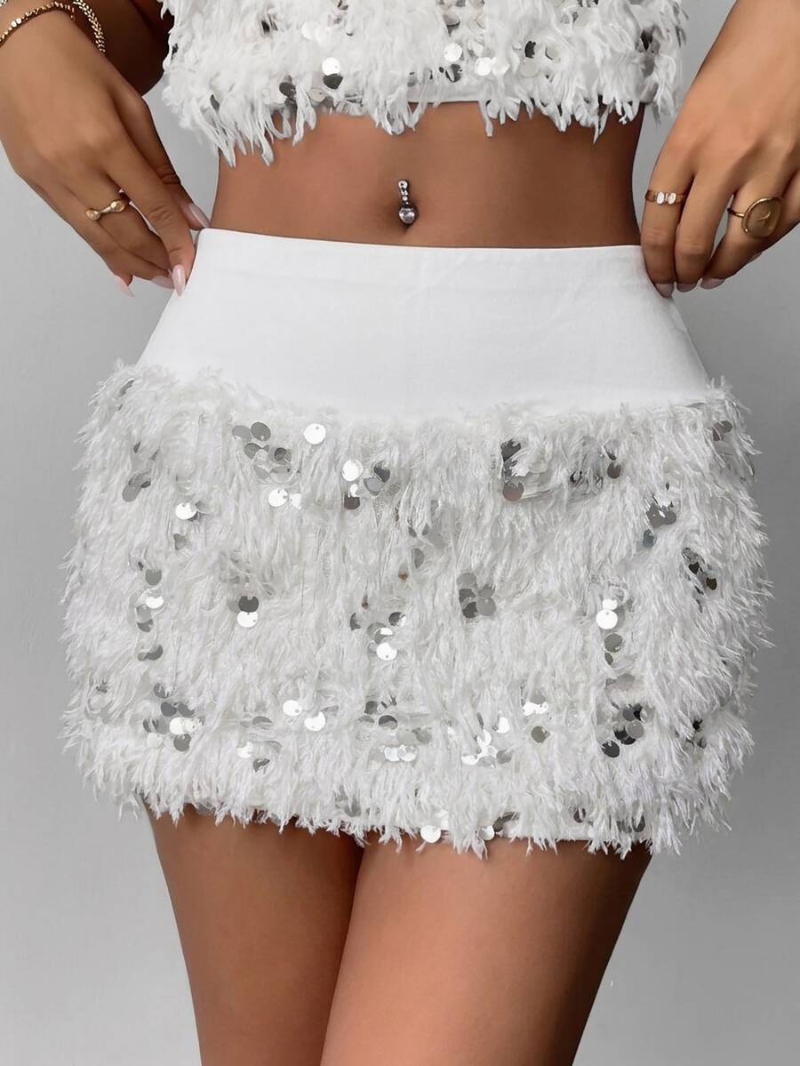 SHEIN Unity Women's Sequin & Plush Patchwork Casual Versatile Daily Outing Mini Skirt - White - View 1