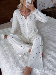 CottageSlumber Women's 2-Piece Pajama Set With Button-Front V-Neck Heart Print Long Sleeve Top And Long Pants - Beige - View 3