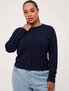 SHEIN BASICS Casual Solid Color Long Sleeve Cardigan Sweater, Plus Size In Fall Winter Clothes - Navy Blue - View 3