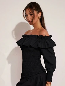 COSMINA Women's Casual Sexy Elegant Ruffle Long Sleeve Top Halloween Party Going Out Black Autumn - Black - View 3