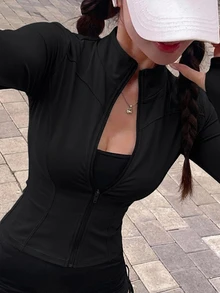 DAZY 女款純色彈性小立領修身長袖夾克，運動休閒，春秋款 - 黑色 - 查看 2