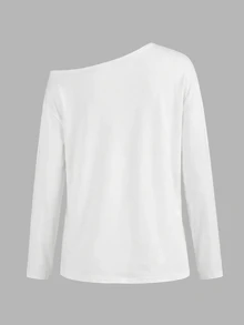 TOM & JERRY X SHEIN SHEIN EZwear 女款性感不對稱單肩長袖卡通印花T恤，適合外出、街頭穿搭、機場、時尚、返校、Y2K、派對、海灘度假、假日 - 白色 - 查看 3