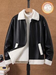 SHEIN 兒童青少年男孩休閒運動街頭風抓絨內裡加厚拼接撞色黑色皮革機車夾克外套，舒適日常百搭時尚復古風，適合通勤上學日常休閒度假旅行運動，秋冬款 - 黑色 - 查看 2