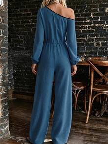 SHEIN Holidaya Jumpsuit Wanita Musim Semi/Panas/Musim Gugur Motif Aprikot, Bahu Asimetris, Garis Kontras Hitam, Lengan Panjang, Potongan Pinggang Rapi, Kaki Lebar - Biru - View 3