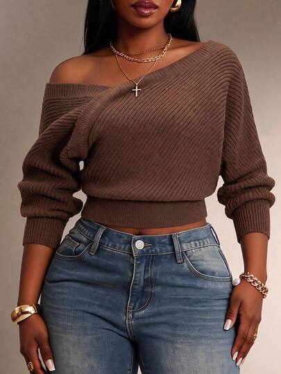 Radiana Women's Plus Size Autumn/Winter New Minimalist Elegant All-Match Versatile Asymmetrical Shoulder Design Knit Sweater, All-Match Versatile, Daily Casual Streetwear, Shopping, Gathering, Vacation, Beach, Date, Birthday, Old Money Style, Commute, Office, Music Festival, House Party, Party