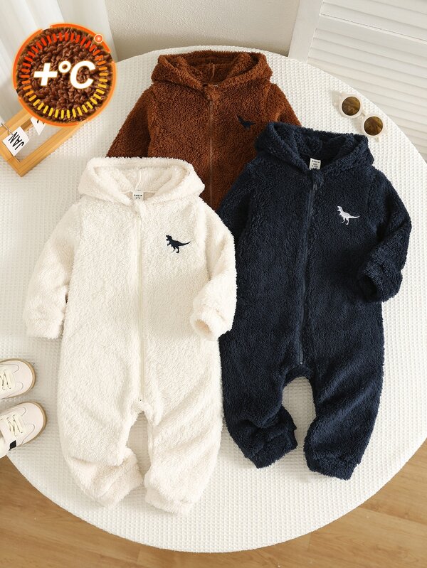SHEIN Baby Boy Decorative Patchwork Hooded Long Sleeve Jumpsuit 3 Pieces Set, Versatile And Comfortable