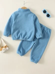 SHEIN 2件組嬰兒男孩女孩保暖內裡加厚圓領長袖半拉鍊套頭上衣＋彈性腰頭收口褲，刷毛兩件套，適合秋冬 - 藍色 - 查看 2