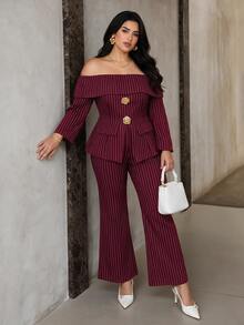 Modelyn Plus Size Women's Metal 3D Floral Decor Striped Off-Shoulder Long Sleeve Top And Flare Pants Elegant 2-Piece Set - Burgundy - View 8