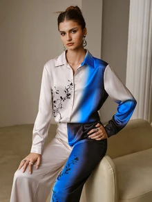 MOTF PREMIUM WOMEN'S GRADIENT PRINT LONG SLEEVE SHIRT AND WIDE LEG PANTS 2 PIECES SET - Apricot - View 1