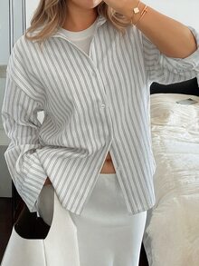 Dazy Plus Old Money Striped Loose Collar Shirt, Spring/Autumn New Casual Long Sleeve Blouse - White - View 8