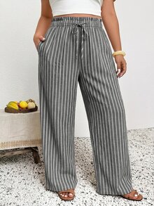 SHEIN Frenchy 女款大尺碼休閒度假條紋長褲 - 灰色 - 查看 4