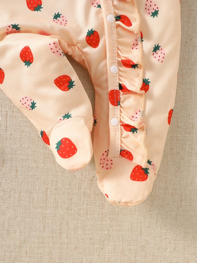 SHEIN 2pcs Newborn Baby Girl Footed Romper + Hat Cute Sweet Apricot Strawberry Print Ruffle Bow Long Sleeve Round Neck Birthday Autumn Fall Herbst Outfit - Multicolor - View 5