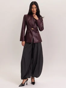SHEIN BAE Blazer Kasual Wanita Warna Polos dengan Kancing Logam Tunggal untuk Perjalanan Sehari-hari - Burgundy - View 5