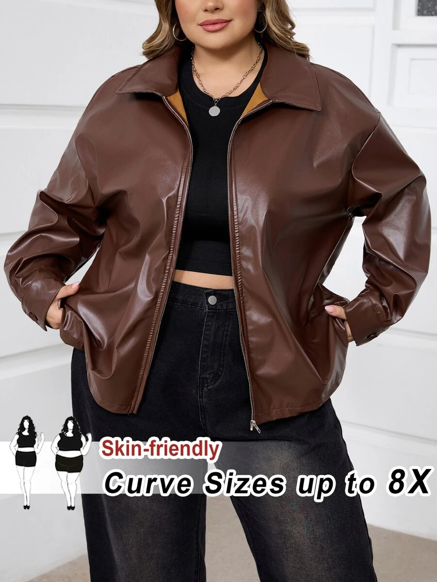 SHEIN CURVE+ 大尺碼女款黑色長袖PU皮革夾克 秋冬款 - 棕色 - 查看 1