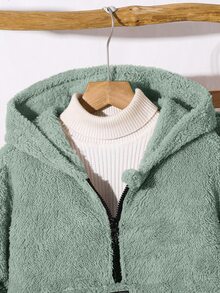 SHEIN Little Byeori 2件組男童冬季休閒返校穿搭套裝，包含抓絨半拉鍊連帽衛衣與寬鬆慢跑長褲，秋季加厚保暖校園套裝 - 綠色 - 查看 6