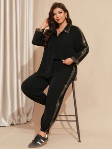 Comfylo Plus Size Sequin Long Sleeve Shirt And Cuffed Pants 2 Pieces Set - Black - View 1