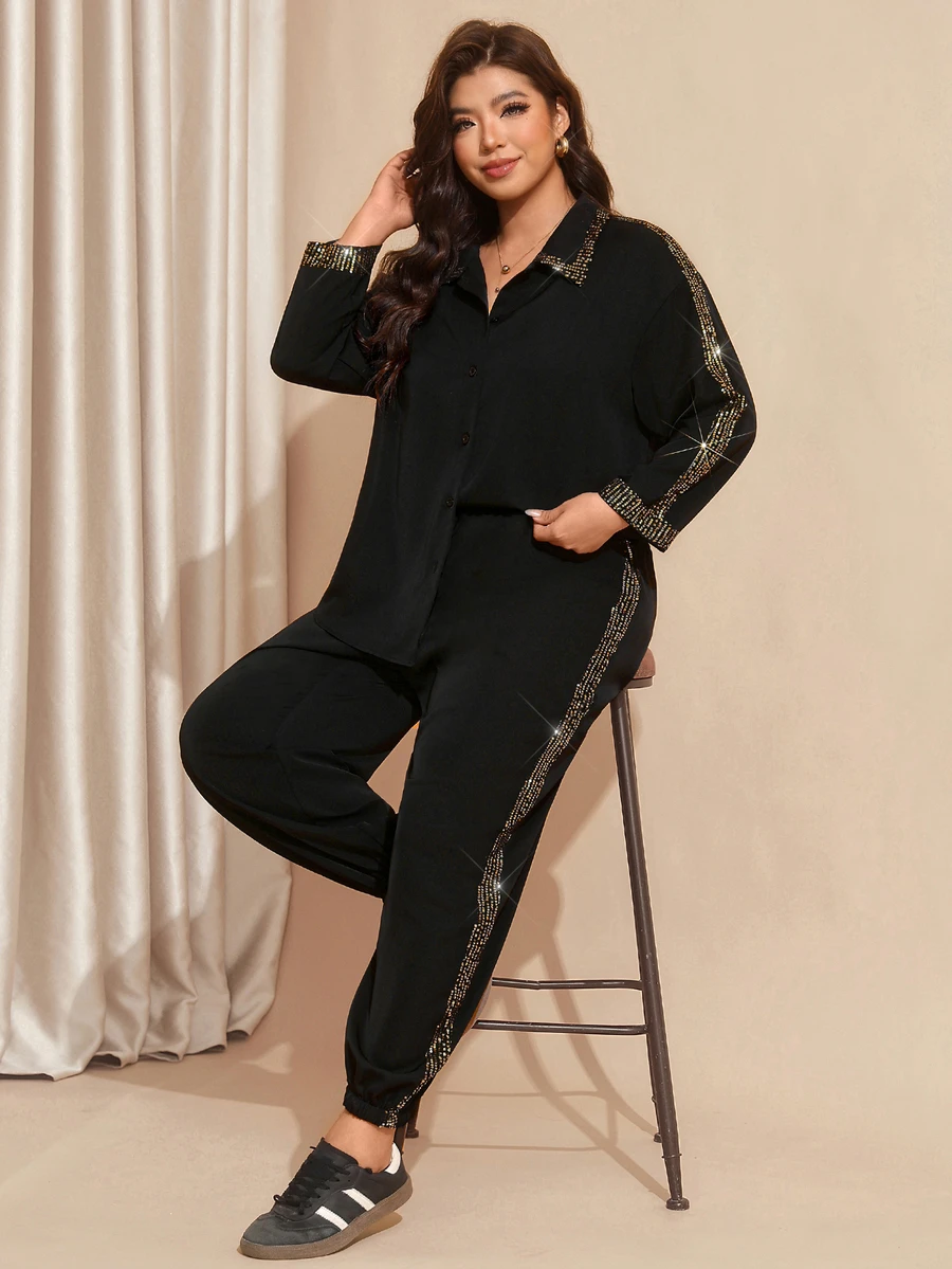 Comfylo Plus Size Sequin Long Sleeve Shirt And Cuffed Pants 2 Pieces Set - Black - View 1
