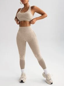 SHEIN Velisys Seamless Knit Tank Top & Shorts / Tank Top & Pants Matching Women's Sports Set - Khaki - View 6