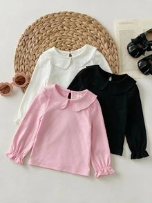SHEIN 女嬰休閒百搭針織彼得潘領純色長袖上衣 3件組 - 粉色 - 查看 6
