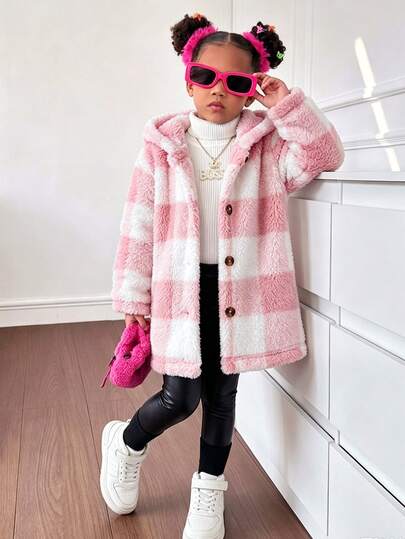 Elladie kids Girls 4-8Y Jacket, Milk Coffee Plaid Soft Plush Hooded Coat, Suitable For Autumn/Winter, Outdoor Activities, School