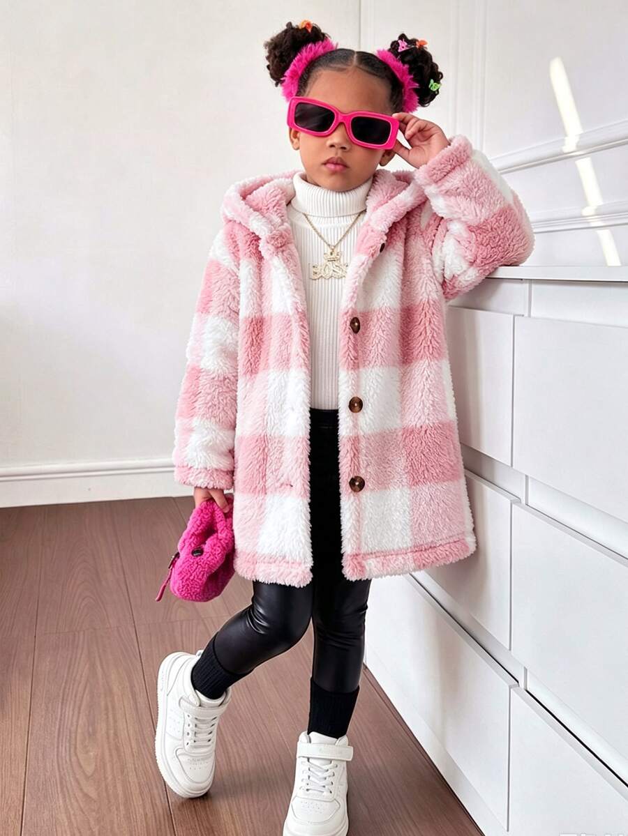 Elladie kids 女童 4-8 歲夾克,奶咖格紋柔軟絨毛連帽外套,適合秋冬、戶外活動、上學 - 粉色 - 查看 1