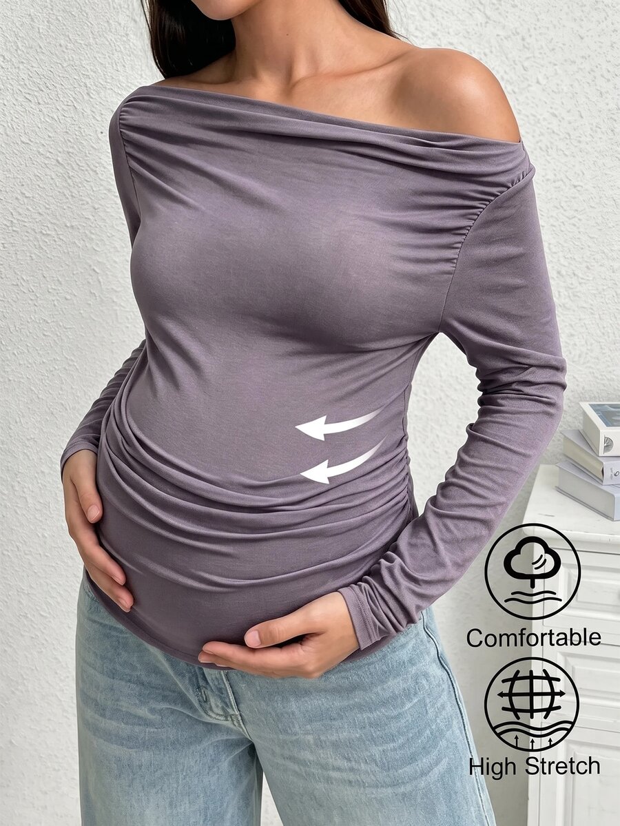 SHEIN 孕婦純色抓皺不對稱領長袖修身T恤 - 淺灰紫 - 查看 1