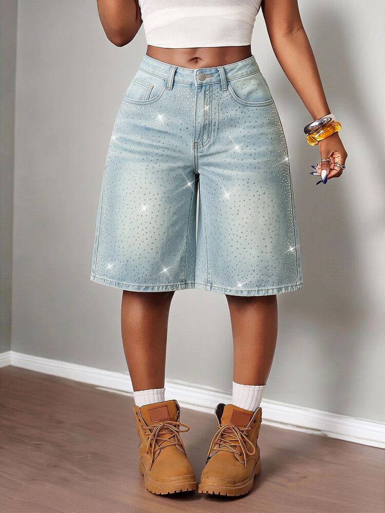 Slaydiva Women's Casual Loose Fit 5-Inch Denim Shorts With Pockets And Rhinestone Embellishments Work Outfits For Women - Light Wash - View 5
