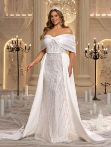 Glamrae Plus Size Elegant Romantic Glamorous Beaded Embroidered Patchwork Wedding Dress Satin Off-Shoulder Butterfly Plus Size Sleeves Fitted Mermaid Hem With Train - White - View 6