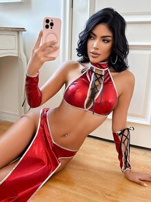Fantasy Costume Fantasy Costume 3pcs Halloween Chun-Li Samurai Cosplay Cross PU Patchwork Slit Lingerie + Skirt + Panty Women's Costume - Red - View 5