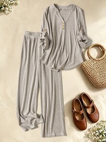 Rusticease Women's Autumn Casual Striped Shirt And Pants 2 Pieces Set - Khaki - View 3