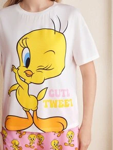 LOONEY TUNES X SHEIN Women's Cartoon Print Top & Shorts Pajama Set - White - View 6