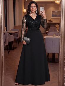 Auveirra Plus Size Women Mesh Patchwork V-Neck Casual Party Dress - Black - View 6
