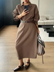 Dazy Plus Elegant High Waist Fashion Casual French Vintage Niche Design Single-Breasted Lapel Dress - Brown - View 6