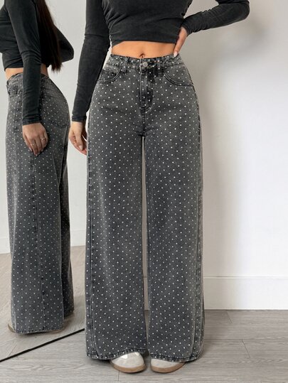 Flexra Celana Jeans Denim Polkadot American Vintage Baru untuk Wanita, Potongan Lurus Slim Fit, Celana Kasual yang Menawan