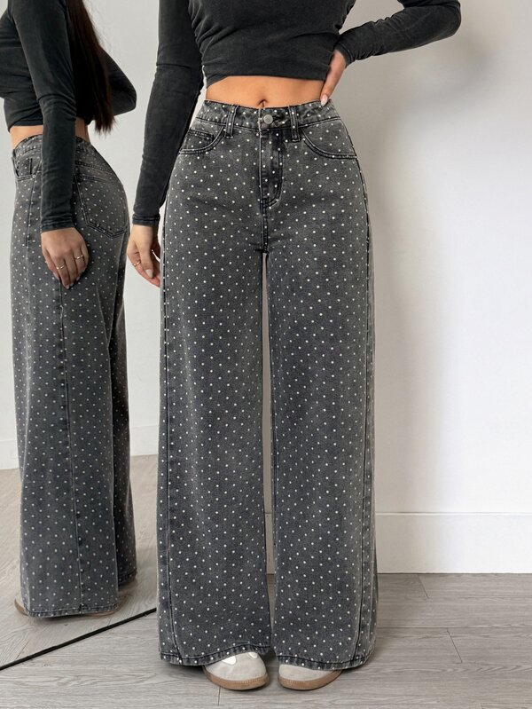 Flexra Women's New American Vintage Polka Dot Denim Jeans, Straight Leg Slim Fit Flattering Casual Pants