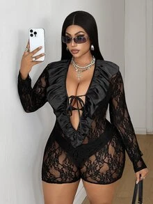 Maweii Plus Size New Lace Sexy Fitted Ruffle Trim Romper Shorts Fall - Black - View 3