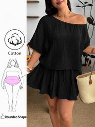 Enliva Conjunto de Top y Falda Casual Suelto para Mujer Talla Grande, Incluye Camiseta de Manga Corta y Falda (Con Forro), Hecho de Tela de Algodón Amigable con la Piel, Negro