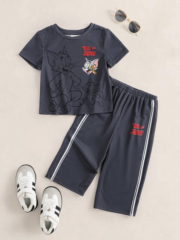 TOM & JERRY X SHEIN Baby Boy Cartoon Print Round Neck Short Sleeve T-Shirt And Striped Long Pants 2pcs Set