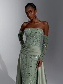 Elitara Elegant Olive Green Sequin Embroidered Strapless Mermaid Evening Gown With Long Gloves And Ruched Satin Overskirt For Wedding, Gala And Formal Party - Olive Green - View 4