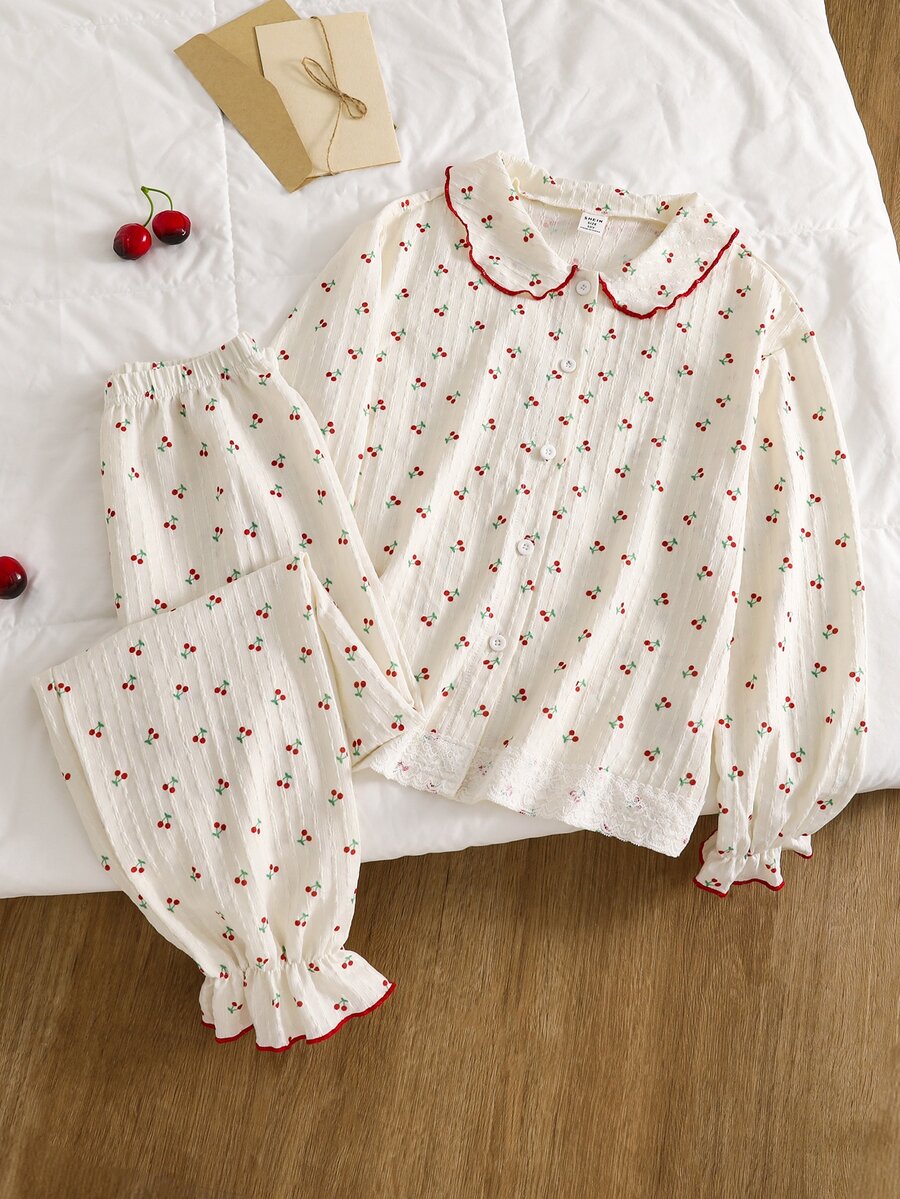Girls' Casual Cherry Print Pajama Set, Suitable For Autumn/Winter Wear - Multicolor - View 1