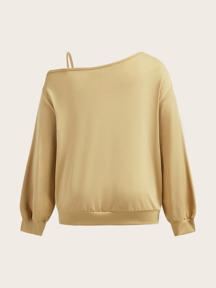 EMERY ROSE Casual Minimalist Solid Khaki Plus Size Long Sleeve Off-Shoulder T-Shirt Suitable For Autumn/Winter - Khaki - View 3